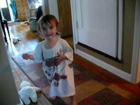 Eleanor walking in fireman t-shirt