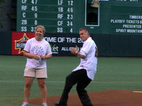 Robin Baker throwing the pitch at the Portland Beavers baseball game